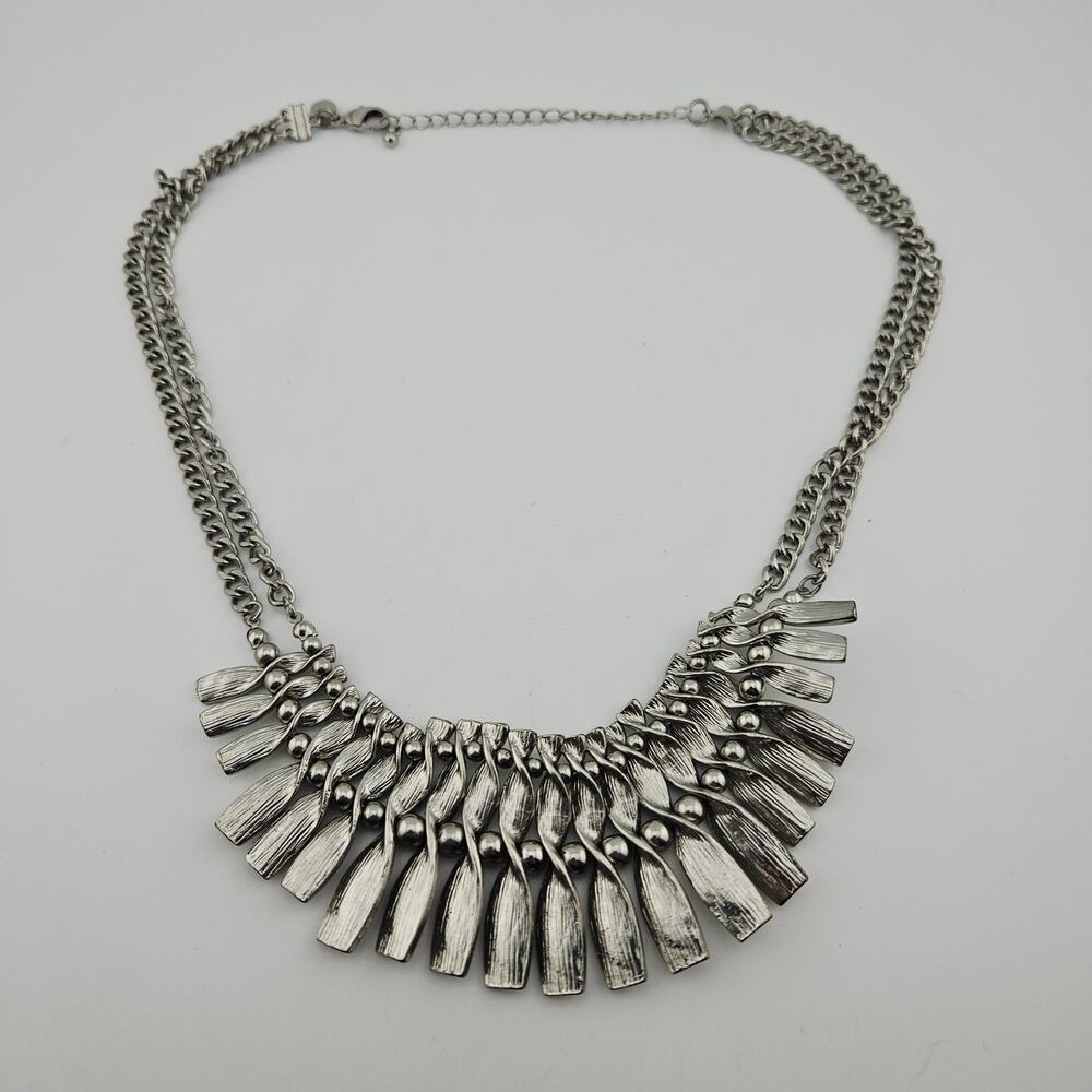 Express Silver Tone Statement Necklace Dangle Fringe Double Chain Bold Artsy